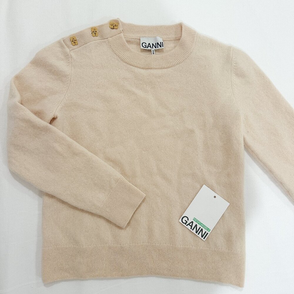 Ganni Alabaster Gleam Cream Sweater with gold logo